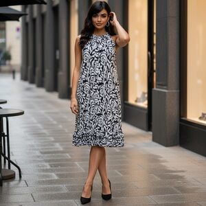 MSK Black and White Rose Midi Dress